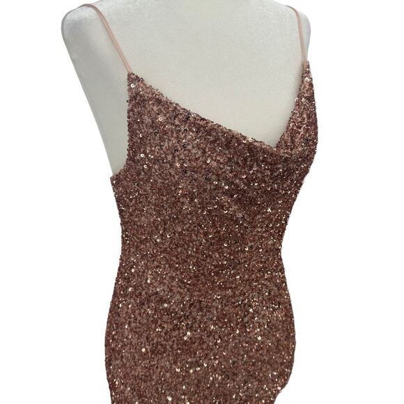 Alice + Olivia Diana Sequined Cowl Neck Slit Gown Antique Rose Pink Dress Size 0 - Picture 4 of 15